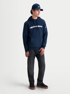 Alpinestars Race Wordmark Hoodie, Sportswear Pullover Hoodie for Men and Women, Navy Blue and White, featuring bold front wordmark and sleeve logo, casual motorsport lifestyle fleece with self-lined hood.