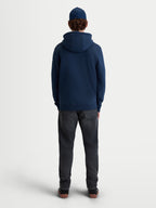 Alpinestars Race Wordmark Hoodie, Sportswear Pullover Fleece for casual everyday wear, rear view on model, Navy Blue, constructed from a soft cotton and recycled polyester blend with a self-lined hood and ribbed hem.
