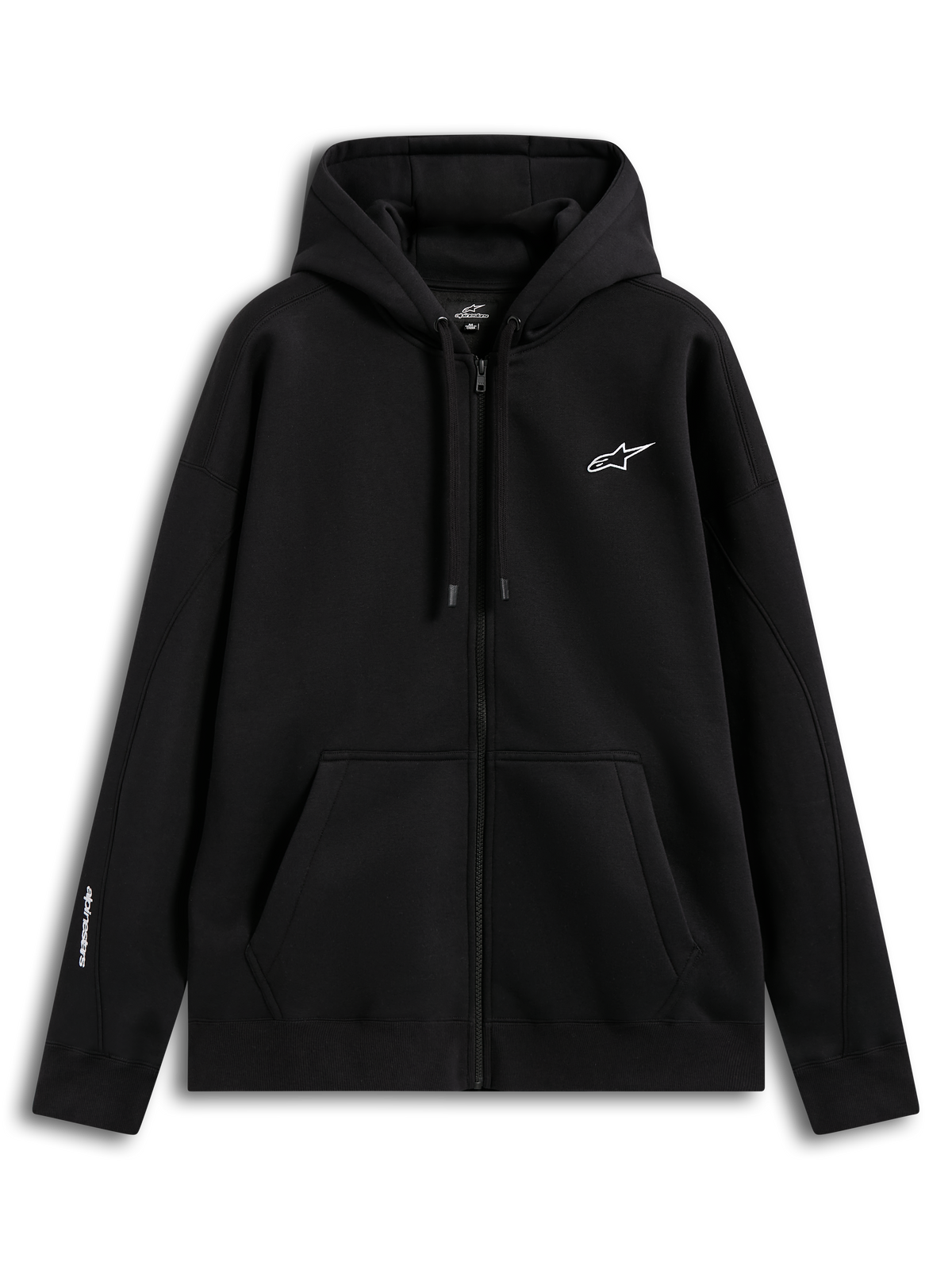 Alpinestars Pioneer Oversized Hoodie, Sportswear Full-Zip Fleece Hoodie for Men and Women, Black with White Embroidered Logos, Featuring a Vislon Front Zipper and Kangaroo Pocket