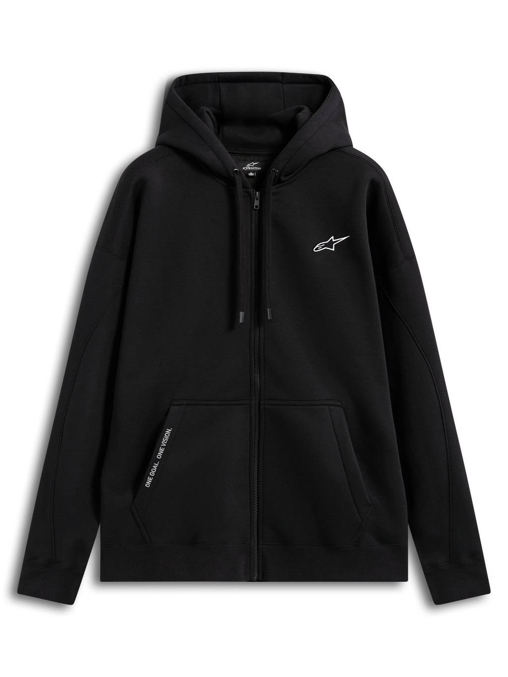 Alpinestars Pioneer Oversized Hoodie, Sportswear Zip Fleece for Men and Women, Black, features a relaxed fit with a Vislon front zipper, kangaroo pocket with embroidered 'ONE GOAL. ONE VISION.' text, self-lined hood with drawcords, and embroidered chest logo, 80% cotton and 20% recycled polyester construction.