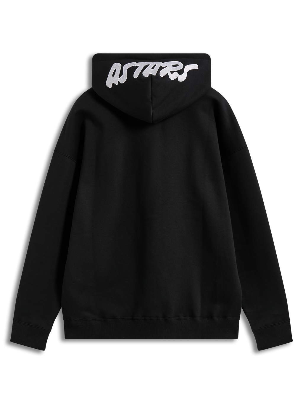 Alpinestars Pioneer Oversized Hoodie in black fleece, featuring a white embroidered Astars logo on the hood, back view.
