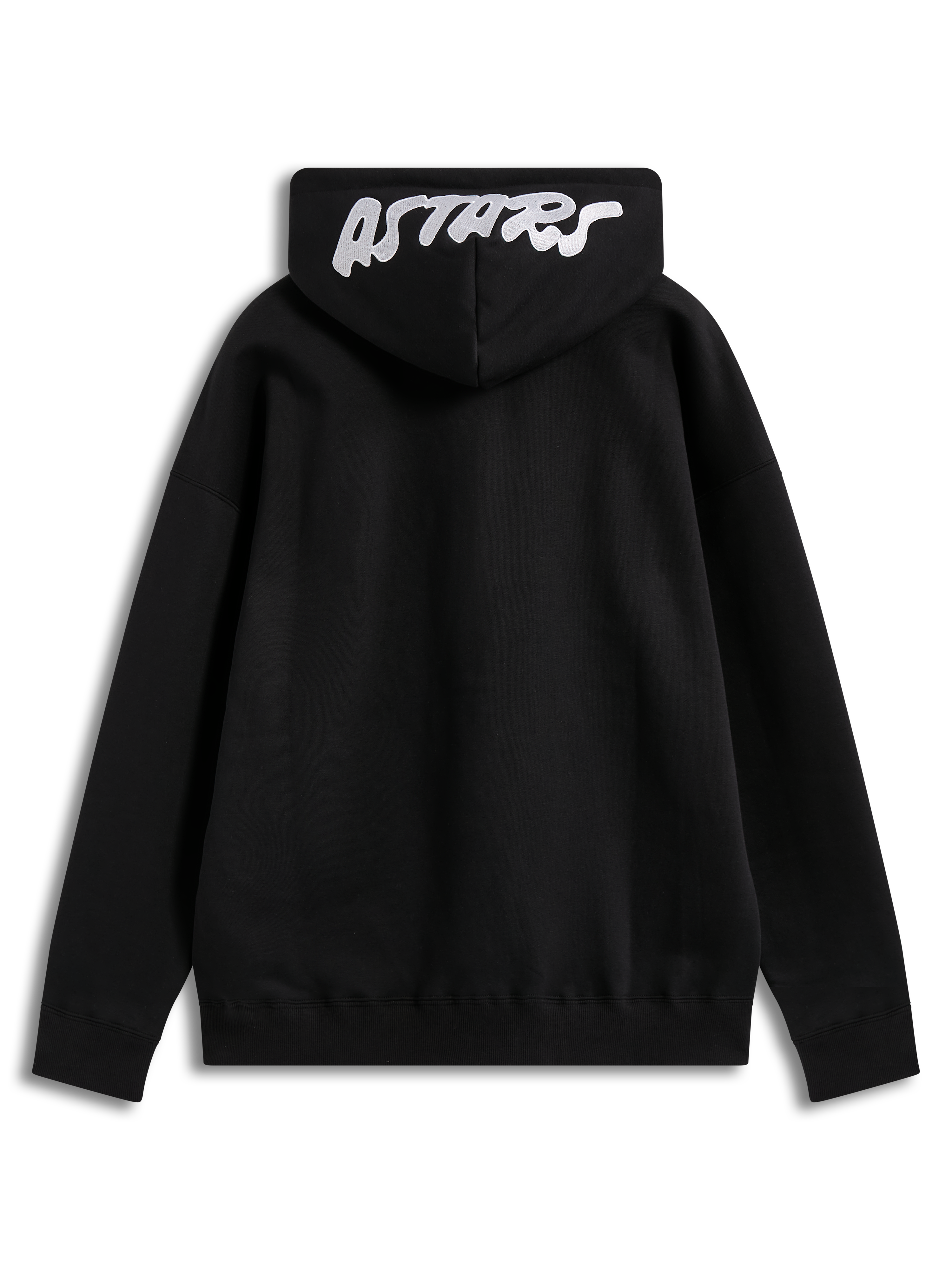 Alpinestars Pioneer Oversized Hoodie in black fleece, featuring a white embroidered Astars logo on the hood, back view.