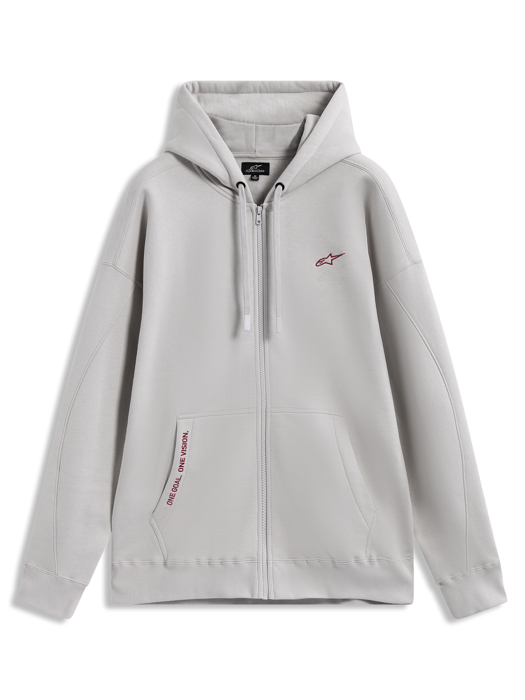Alpinestars Pioneer Oversized Hoodie, cement grey sportswear zip fleece with red logo accents and kangaroo pocket.