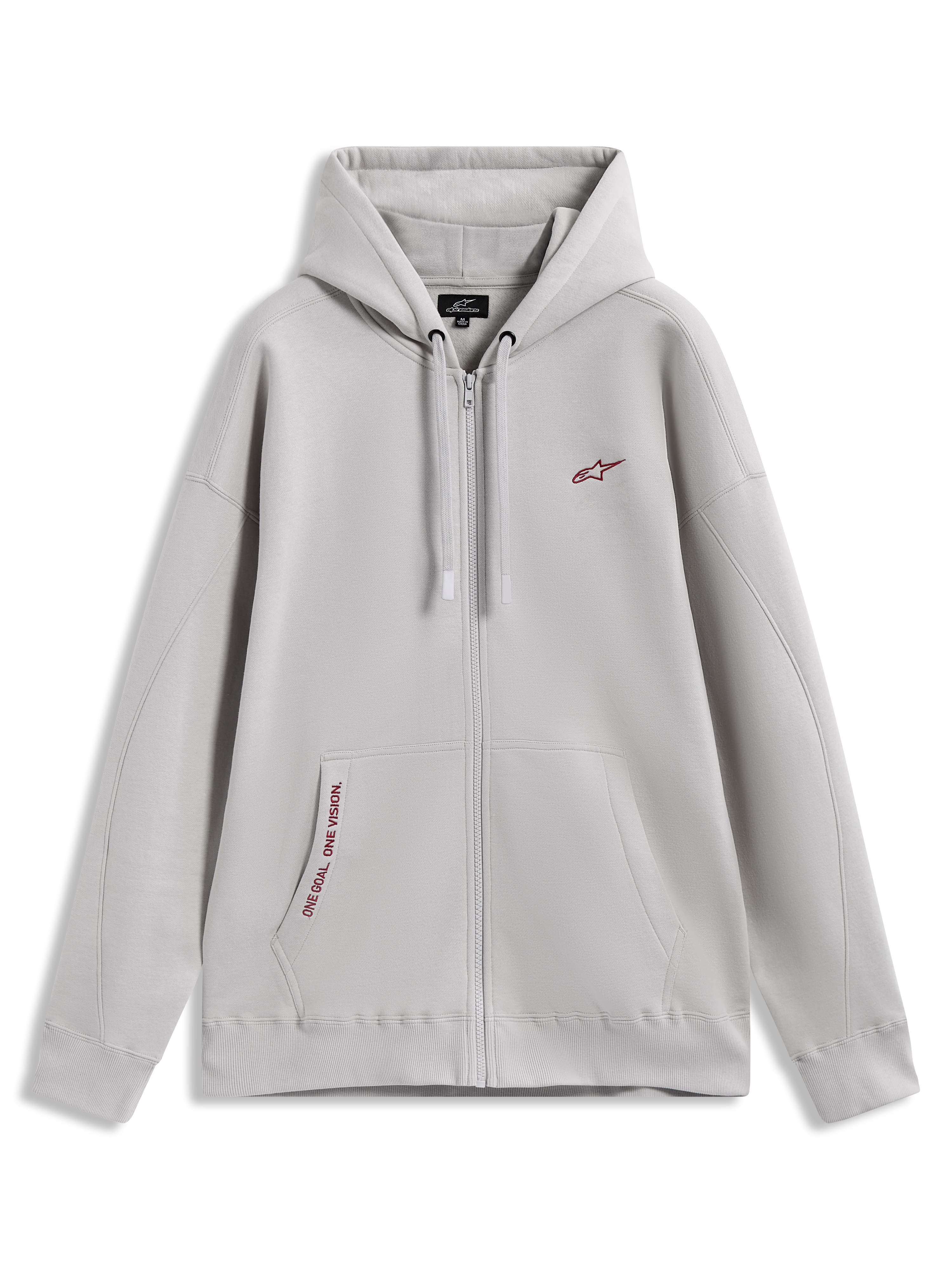 Alpinestars Pioneer Oversized Hoodie, cement grey sportswear zip fleece with red logo accents and kangaroo pocket.