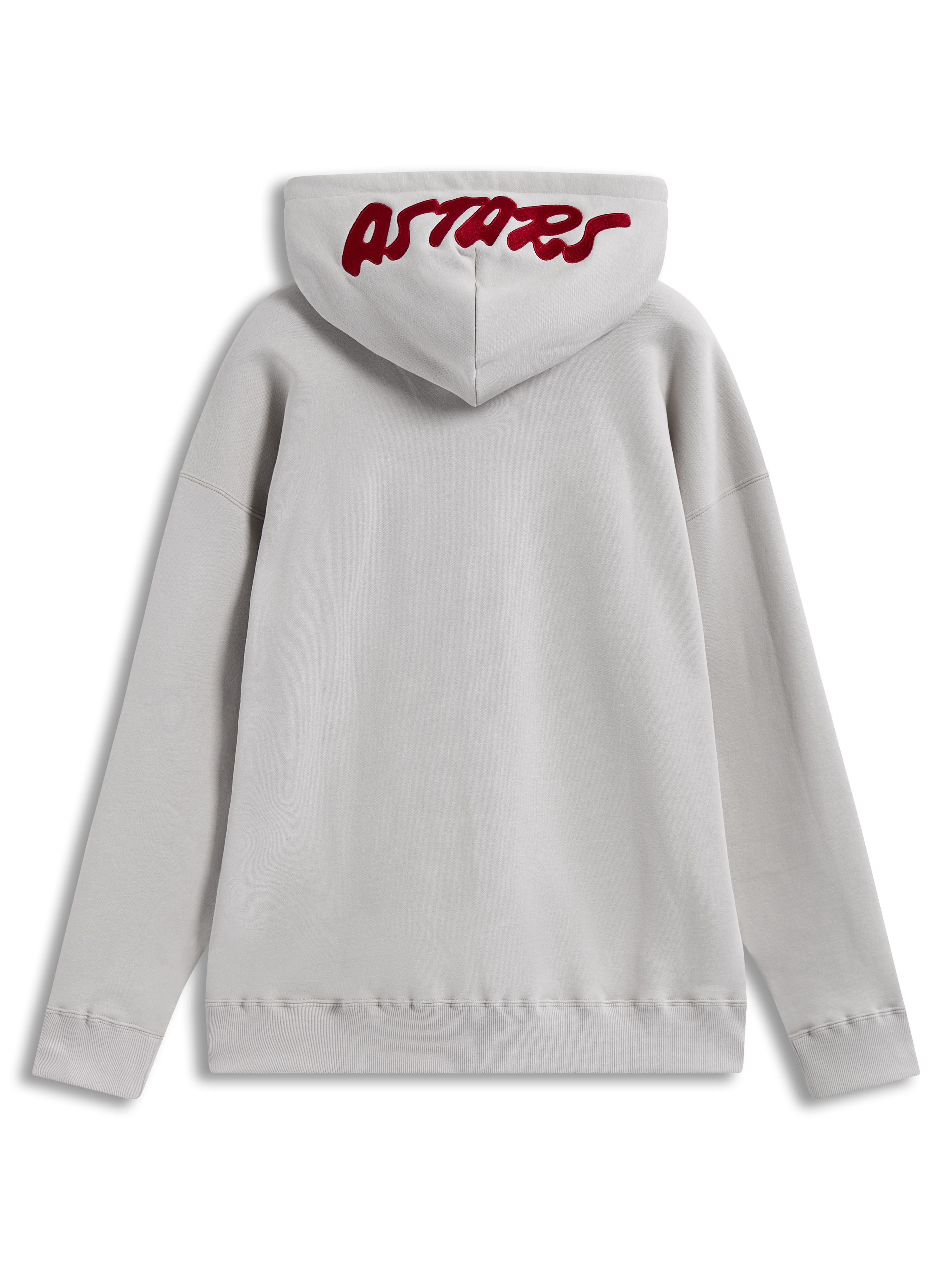 Alpinestars Pioneer Oversized Hoodie, Cement grey fleece sportswear with red embroidered Astars logo on the hood.