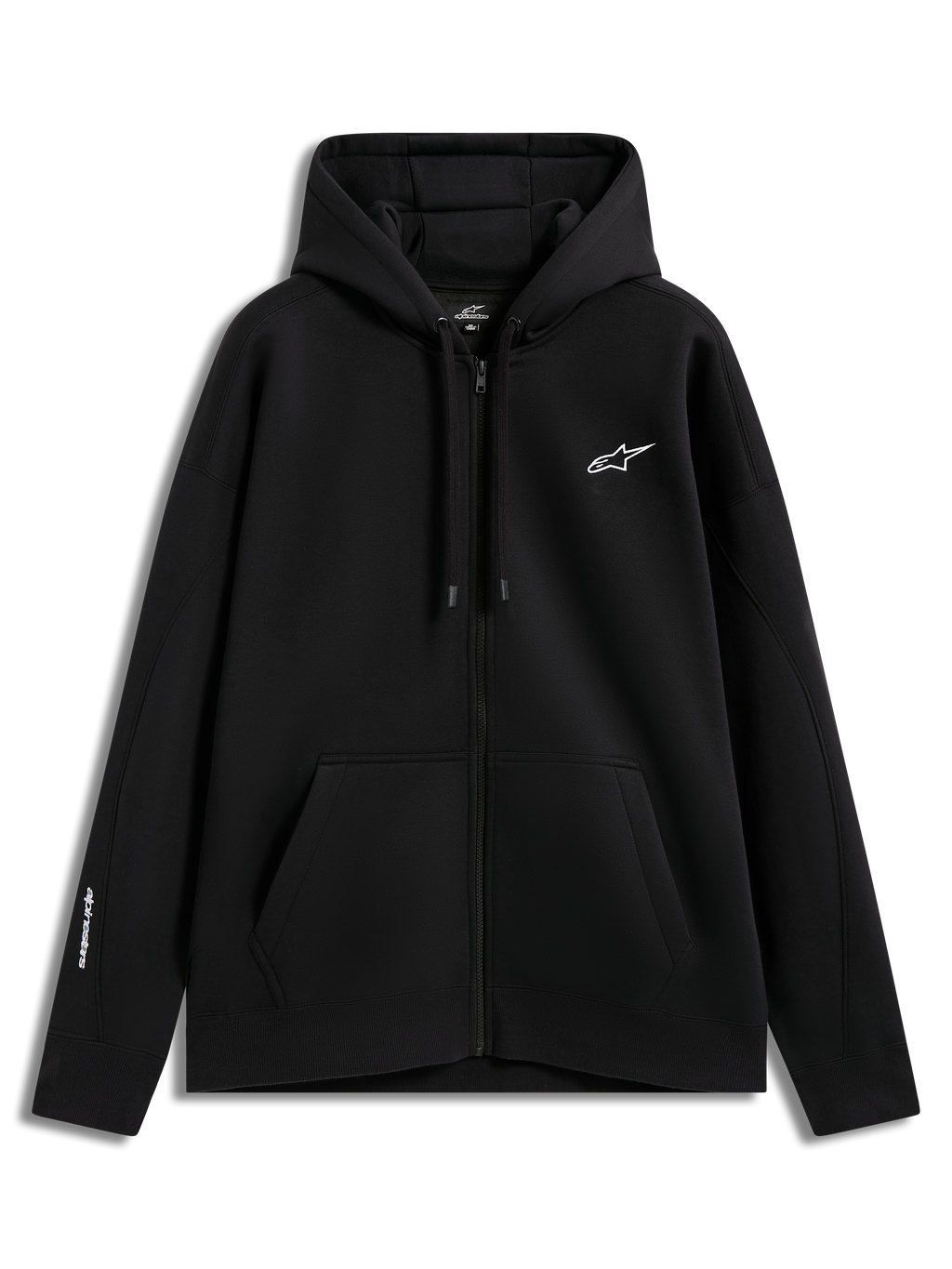 Alpinestars Entity Oversized Hoodie in Black, a zip-up fleece for sportswear with white logo embroidery and kangaroo pocket.