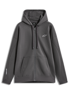 Alpinestars Entity Oversized Hoodie, charcoal gray full-zip sportswear featuring a kangaroo pocket and chest embroidery.