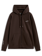Alpinestars Entity Oversized Hoodie, Brown Zip-Up Sportswear Fleece with white chest and sleeve logos and kangaroo pocket.