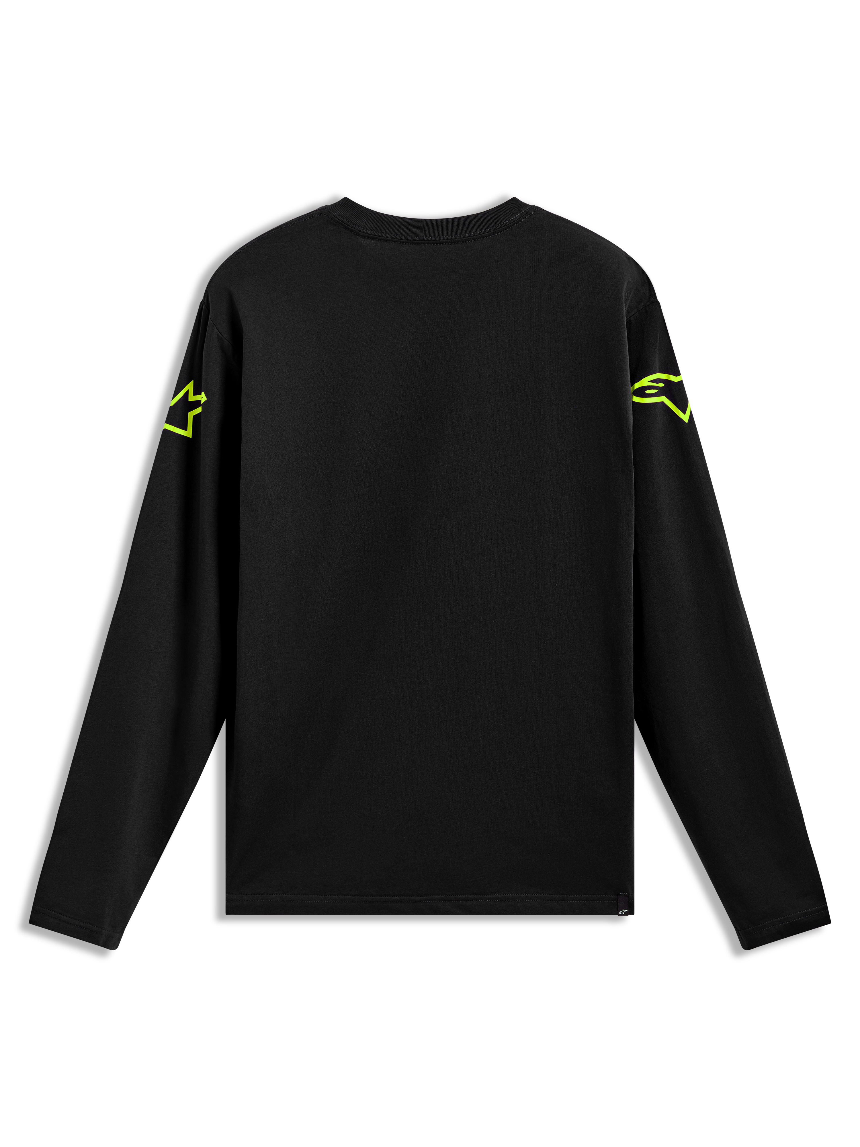 Alpinestars Velocifier CSF Long Sleeve Tee, Black Sportswear Shirt with neon yellow Astars shoulder logos, Back View.