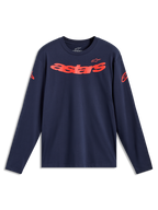 Alpinestars Velocifier CSF Long Sleeve Tee in Navy and Red, sportswear featuring curved Astars word and shoulder logos.