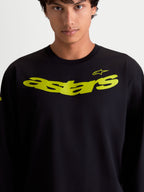 Alpinestars Velocifier CSF Tee, Long Sleeve Casual Sportswear on model, Black with Yellow curved astars chest graphic and shoulder logo, cotton-rich performance blend.