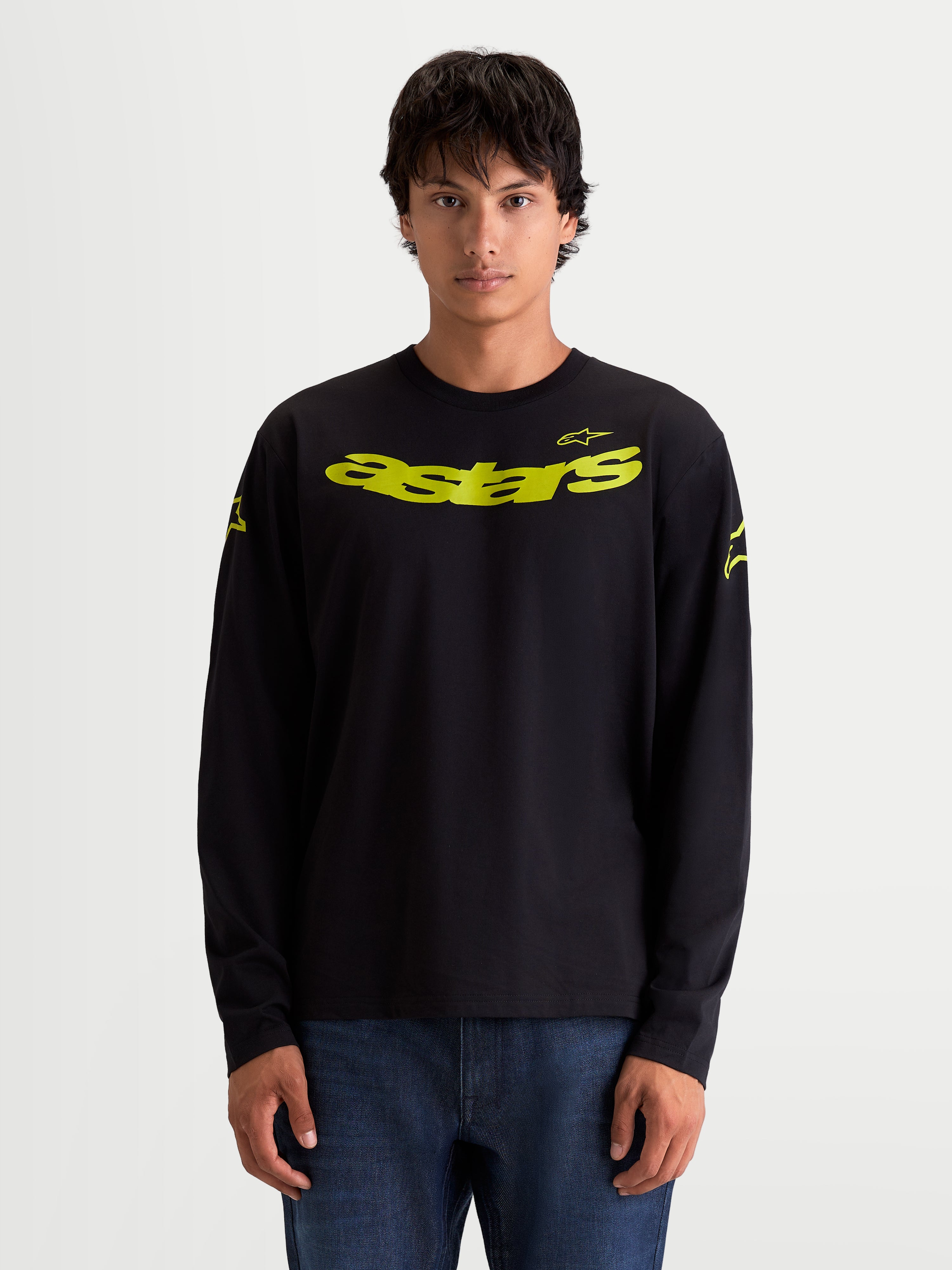 Alpinestars Velocifier CSF Tee, Men's Long Sleeve Sportswear T-Shirt, Black with Yellow Curved Astars Graphic and Shoulder Logos, Cotton-Blend Motorsport-Inspired Casual Wear
