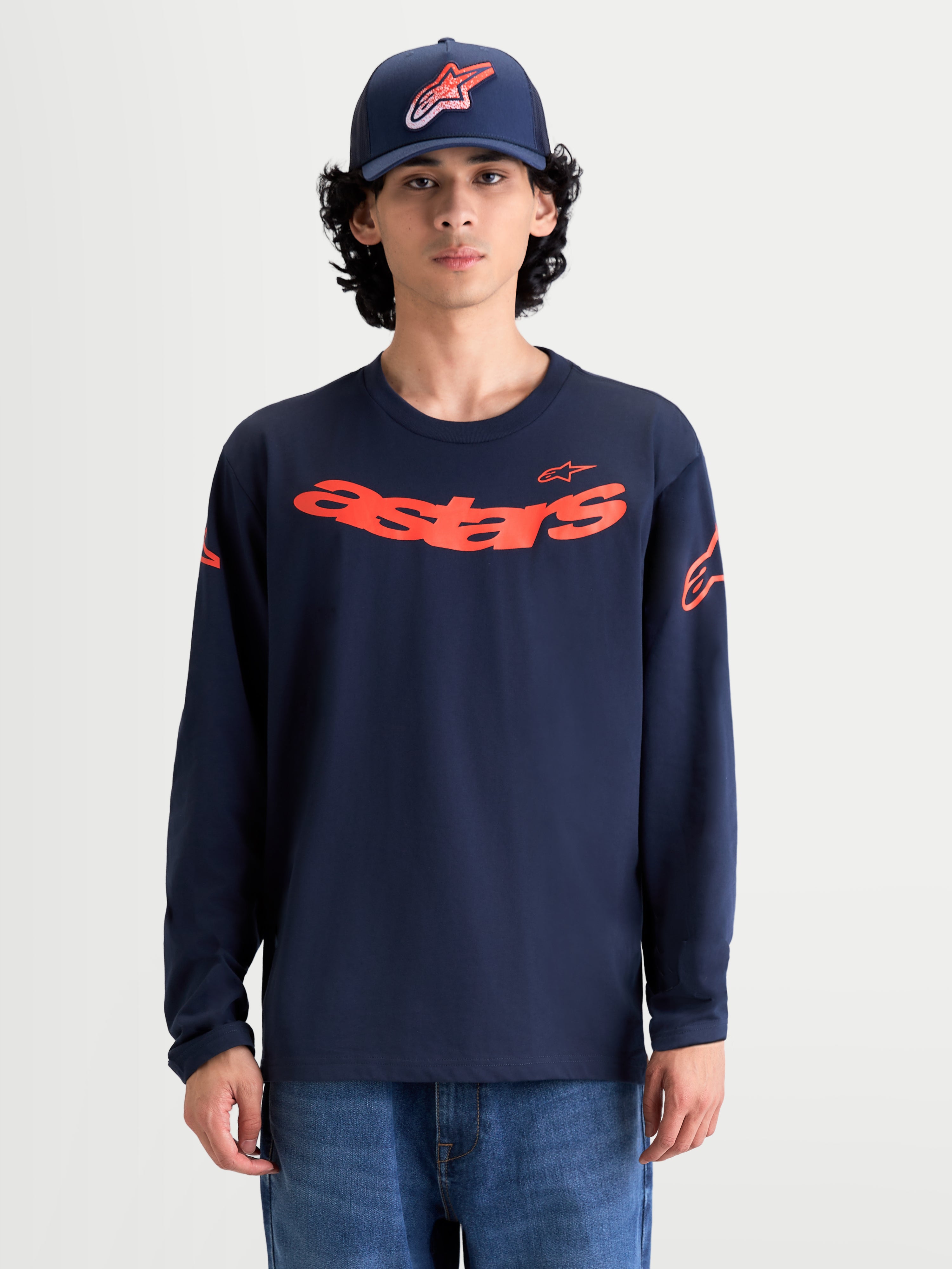 Alpinestars Velocifier CSF Tee, Long Sleeve Sportswear T-Shirt for Men and Women, Navy Blue and Orange, featuring curved Astars front graphic, shoulder logos, and rib cuffs, premium cotton blend.