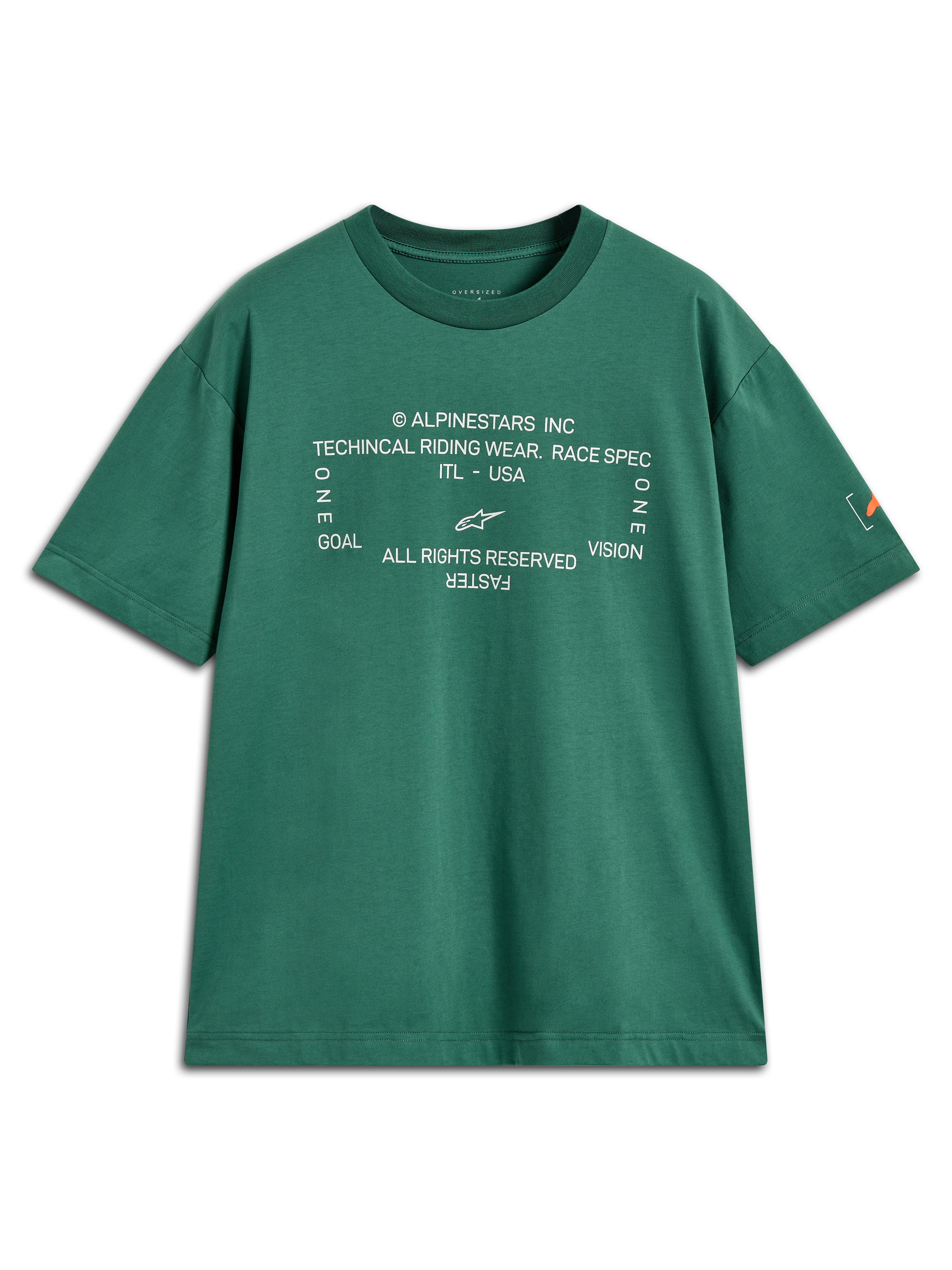 Alpinestars Infinity Oversized CSF Tee, green short sleeve sportswear with white technical front graphic and Astars sleeve logo.