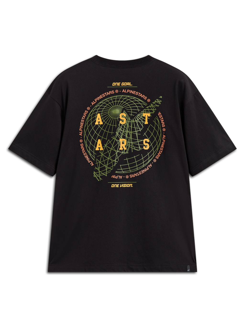 Alpinestars Latitude Oversized CSF Tee, Black shirt with green globe and yellow ASTARS logo back graphic and brand motto.