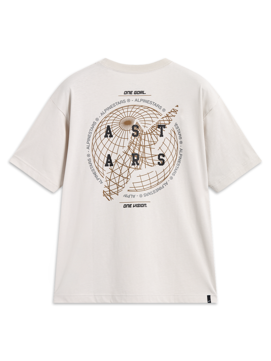 Alpinestars Latitude Oversized CSF Tee, Sportswear Short Sleeve Shirt, Cement Beige, back globe and Astars logo graphic.