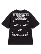 Alpinestars Institute Oversized CSF Tee, black short-sleeve sportswear shirt with bold white back graphics featuring Speed Institute branding and racing slogans.