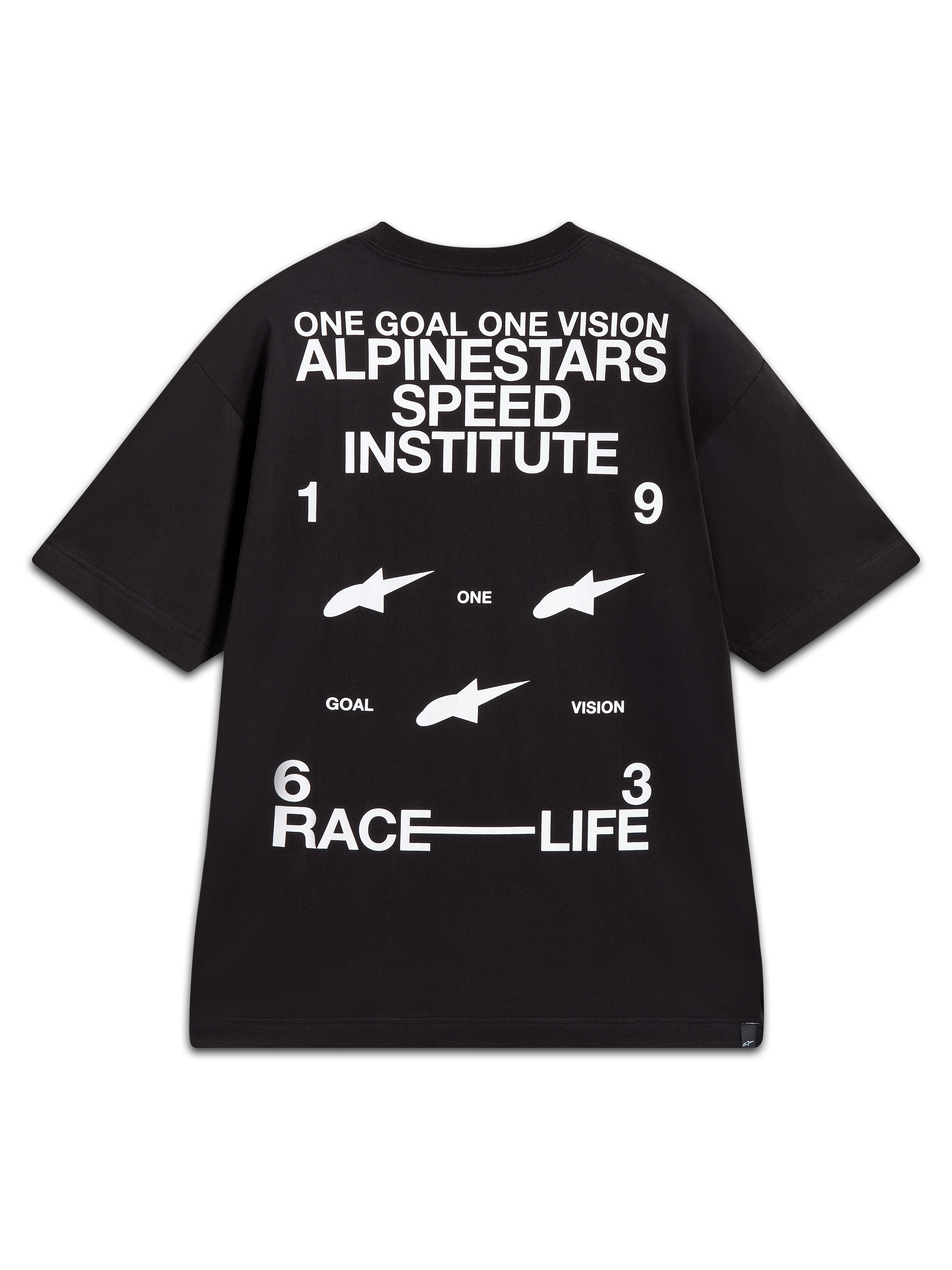 Alpinestars Institute Oversized CSF Tee, black short-sleeve sportswear shirt with bold white back graphics featuring Speed Institute branding and racing slogans.
