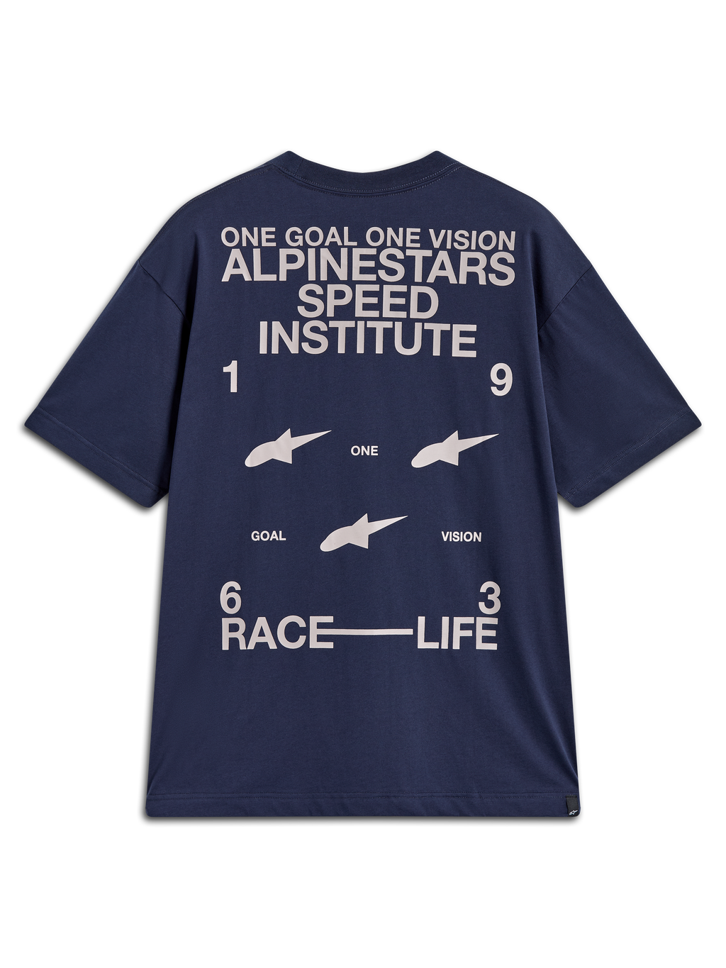 Alpinestars Institute Oversized SS CSF Tee, Navy blue short sleeve t-shirt with large white racing-inspired back graphics.