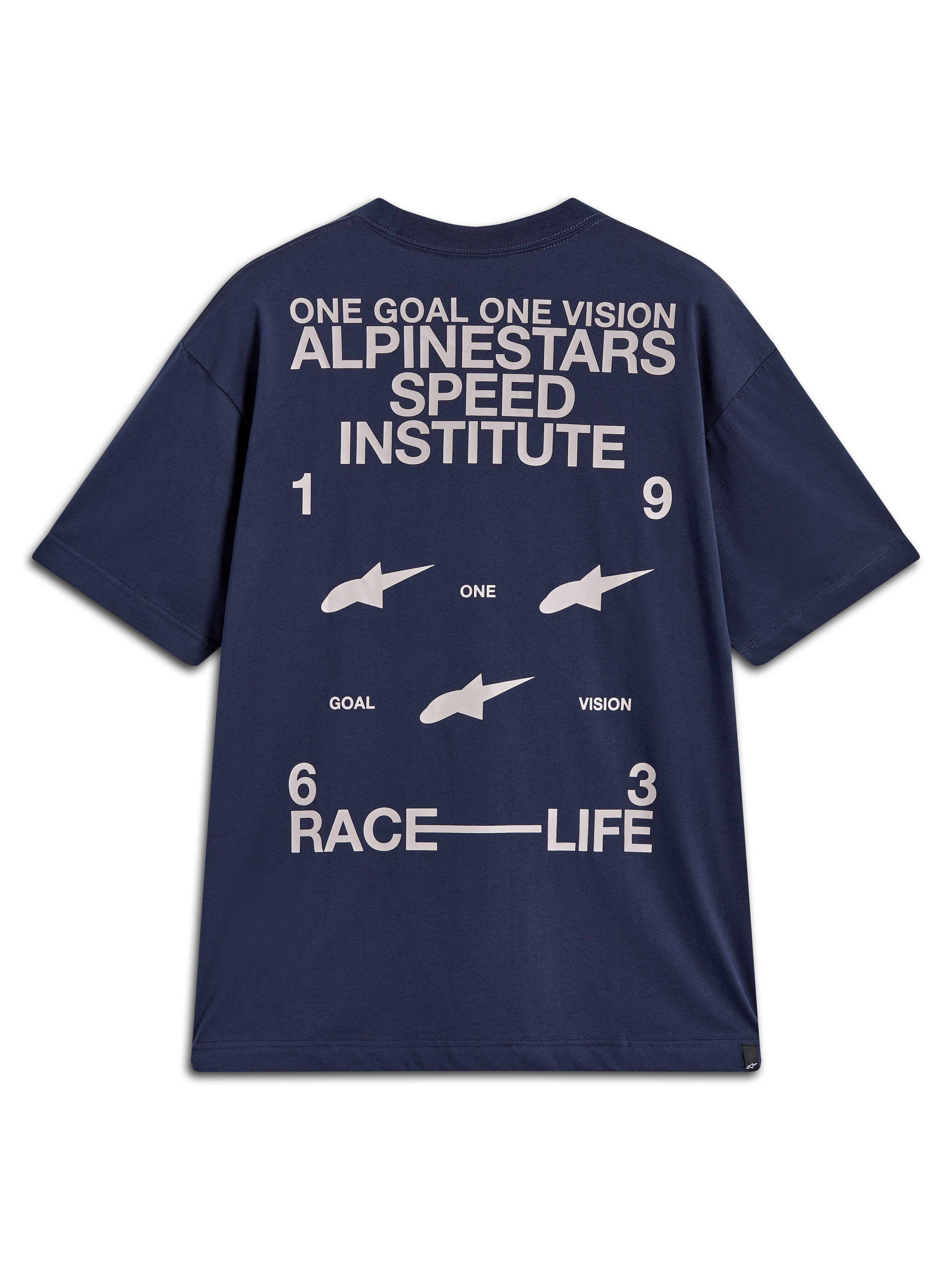 Alpinestars Institute Oversized SS CSF Tee, Navy blue short sleeve t-shirt with large white racing-inspired back graphics.