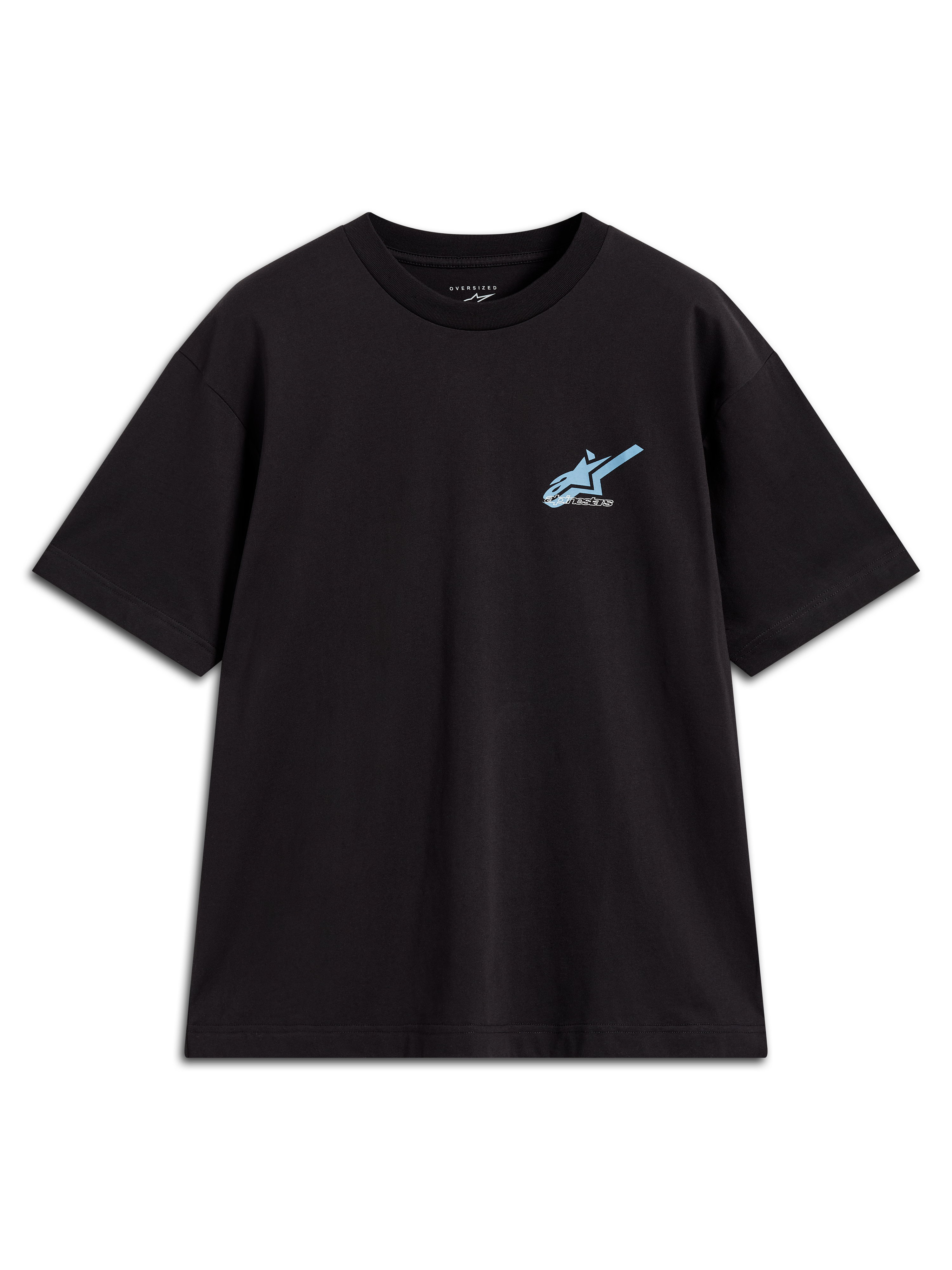 Alpinestars Ghost Oversized CSF Tee, black short sleeve sportswear t-shirt with a light blue front logo.