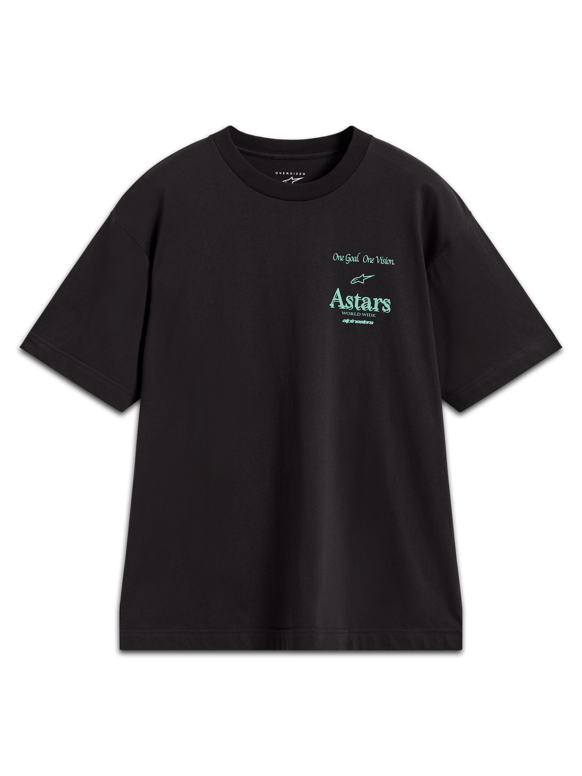 Alpinestars Post Oversized CSF Short Sleeve Tee, black cotton blend shirt with teal Astars logo and One Goal One Vision slogan.