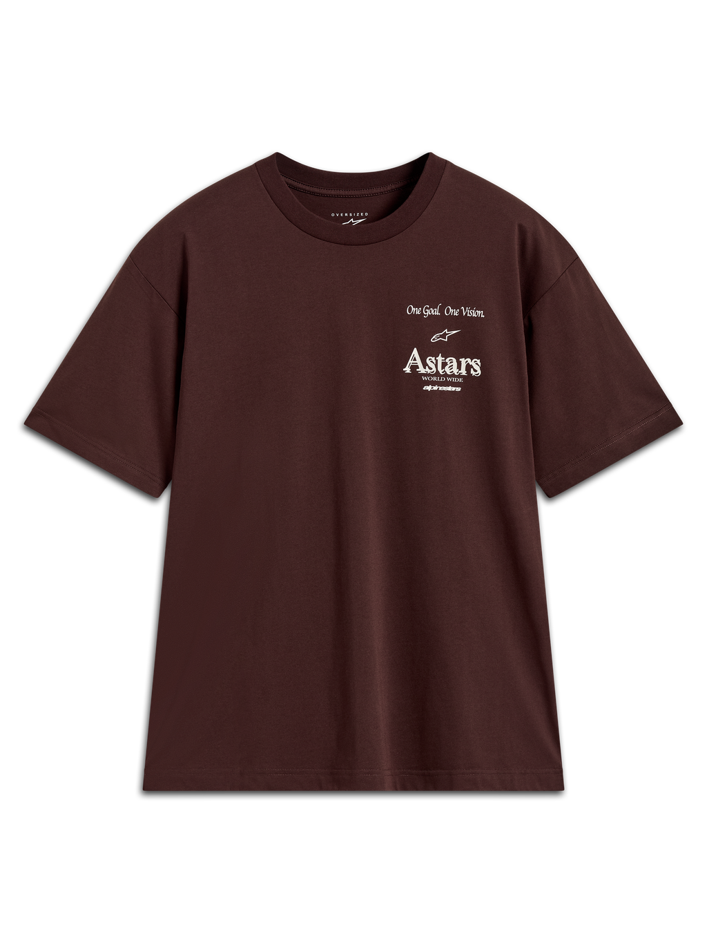 Alpinestars Post Oversized CSF Tee, dark brown short sleeve t-shirt featuring white Astars chest logo graphics.