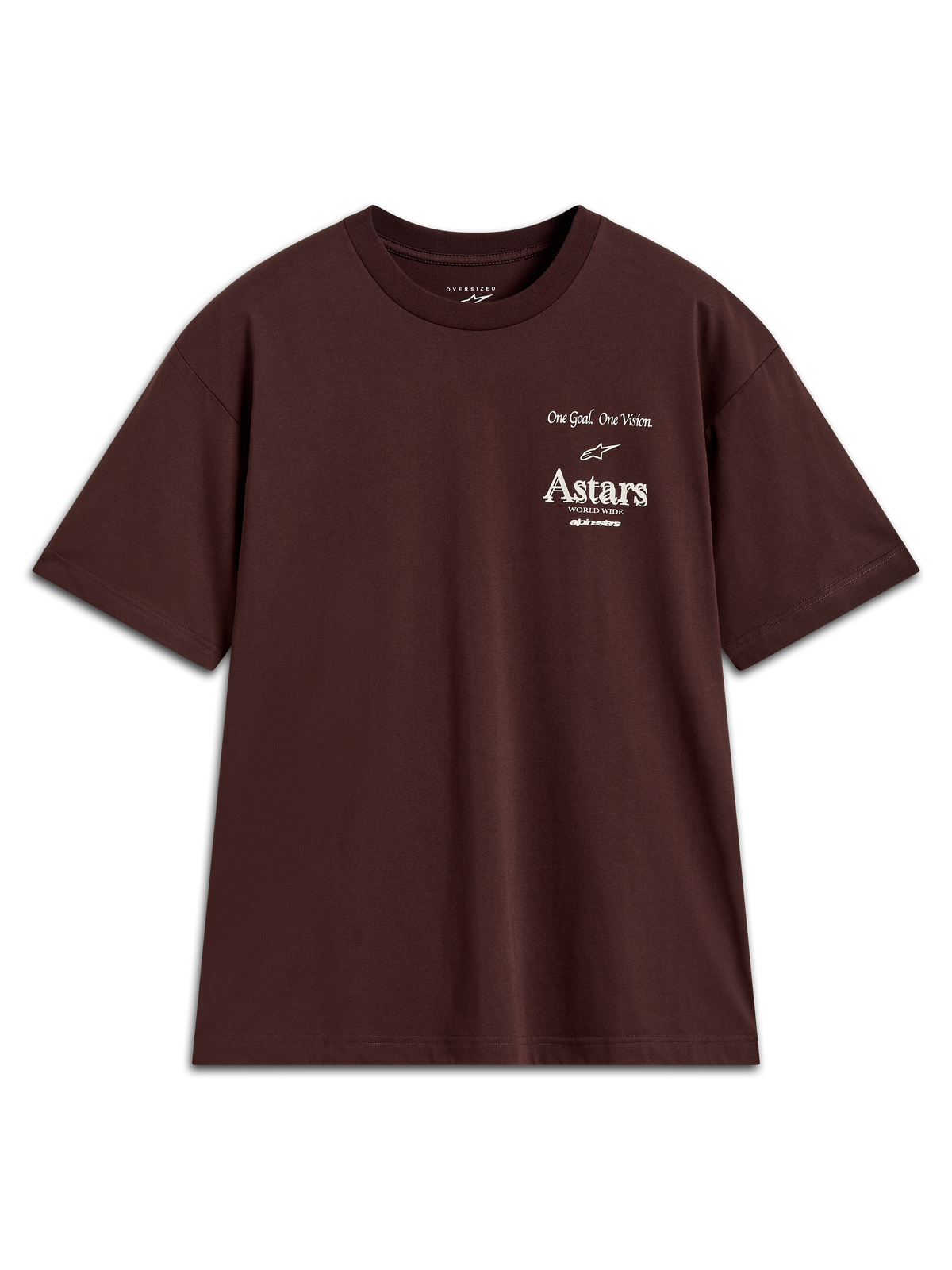 Alpinestars Post Oversized CSF Tee, dark brown short sleeve t-shirt featuring white Astars chest logo graphics.