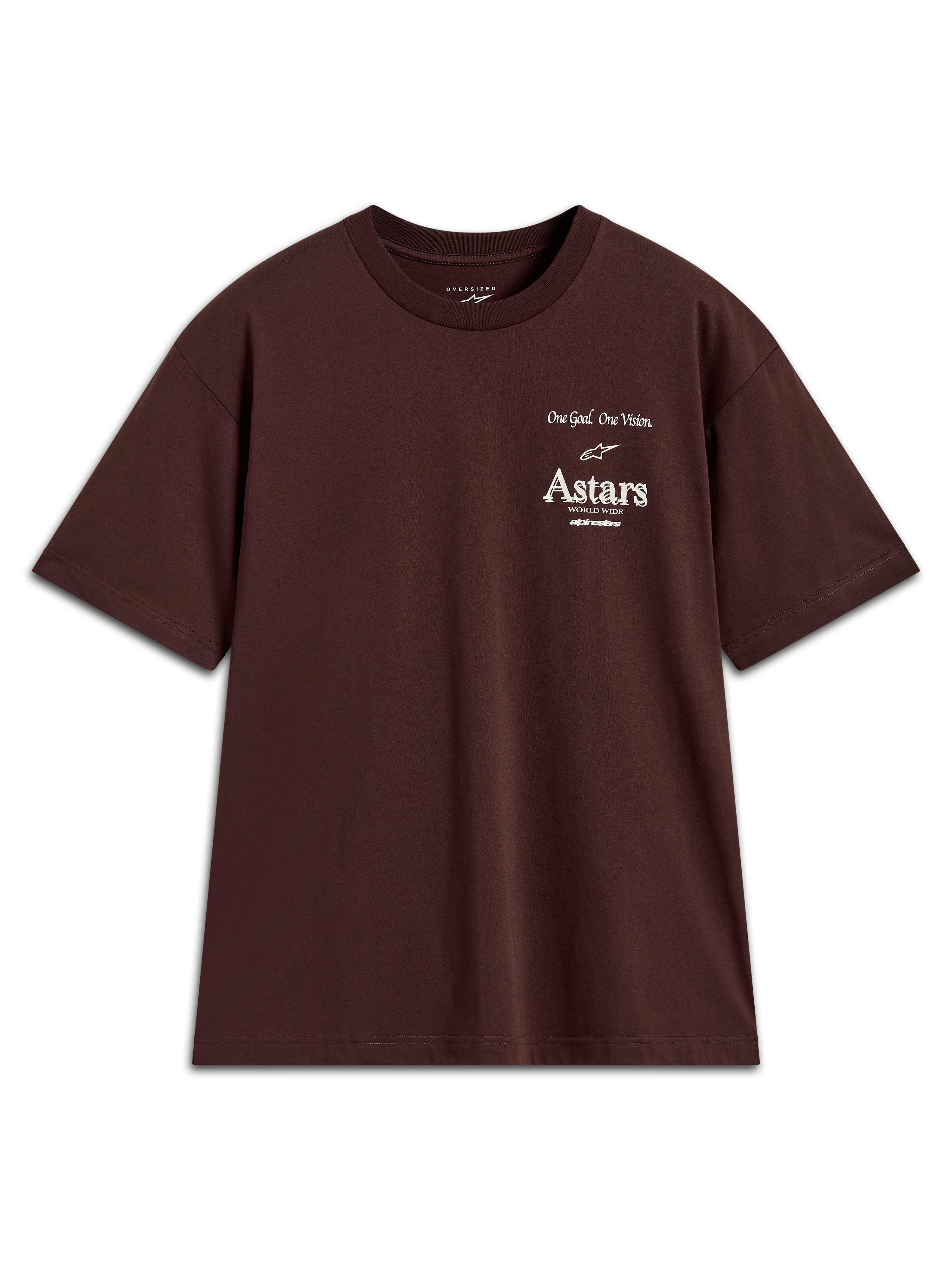 Alpinestars Post Oversized CSF Tee, dark brown short sleeve t-shirt featuring white Astars chest logo graphics.