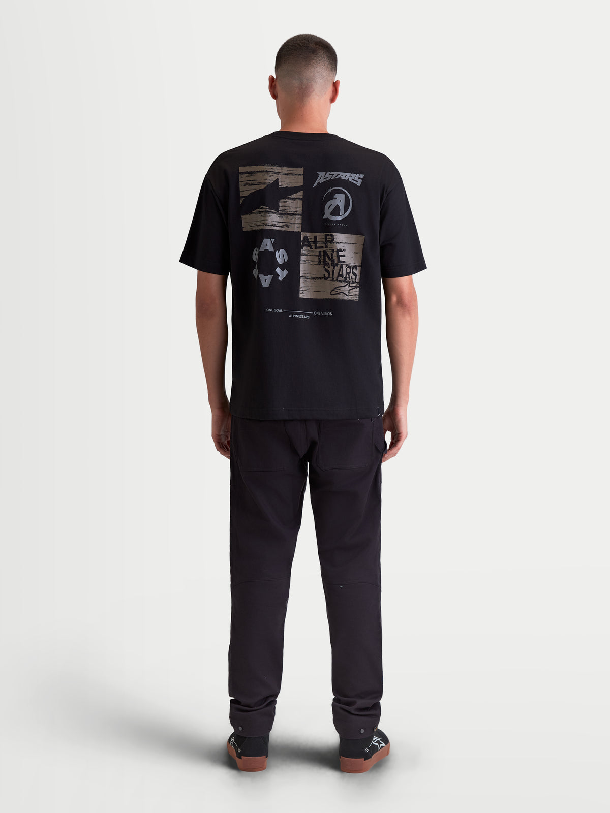 Alpinestars Checkback Oversized CSF Tee, Men's Sportswear Short Sleeve T-Shirt, Black, back view featuring a large grey checkerboard graphic with Astars logos, oversized casual fit.