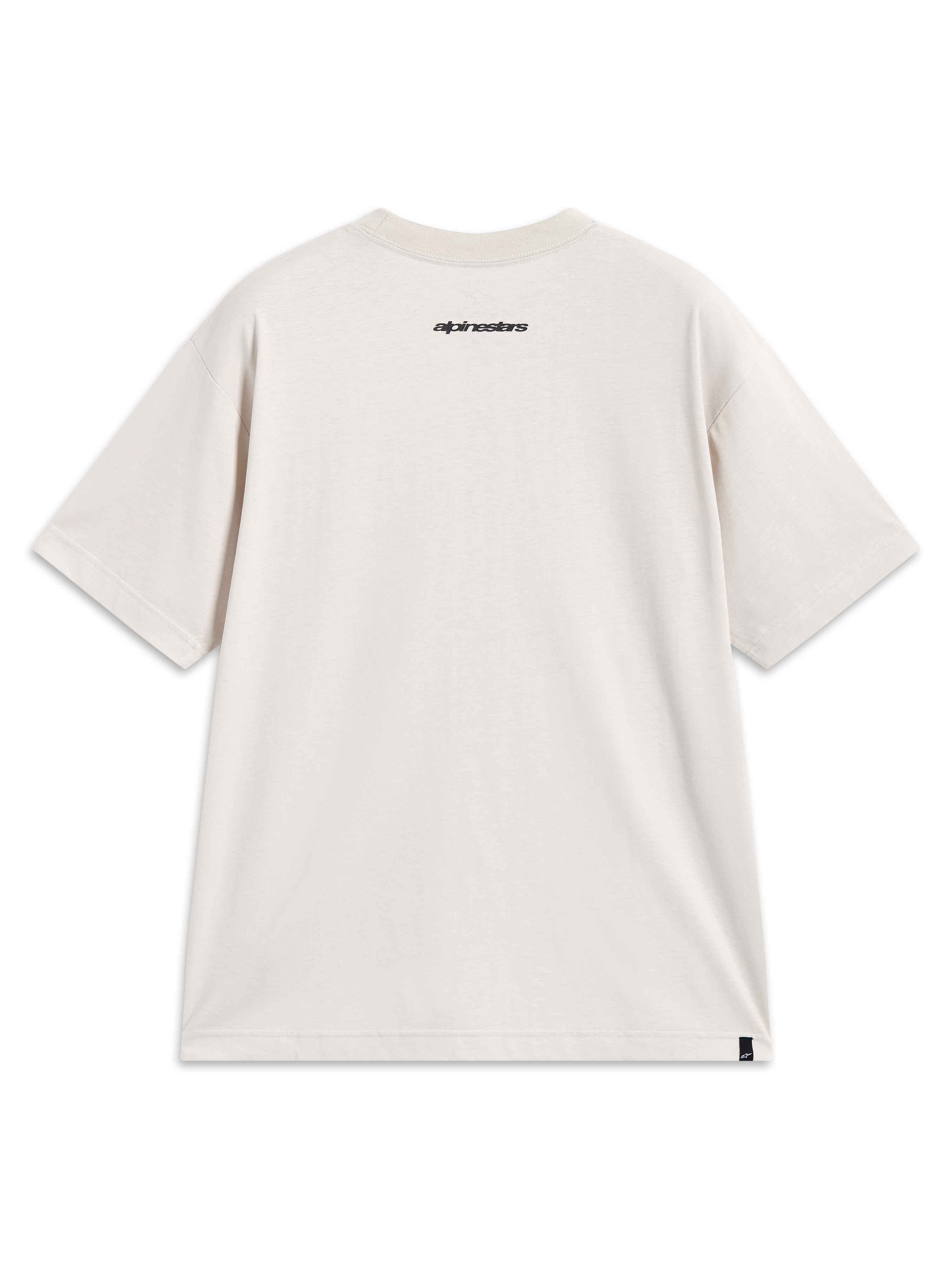 Alpinestars Mandate Oversized CSF Tee, Short Sleeve Sportswear, Sand Beige, featuring a back neck word graphic and logo tag.