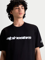 Alpinestars Race Wordmark CSF Tee, Men's Short Sleeve Sportswear T-Shirt, Black and White, featuring a bold front wordmark graphic and sleeve ageless logo, soft combed ring-spun cotton-poly blend for everyday comfort.