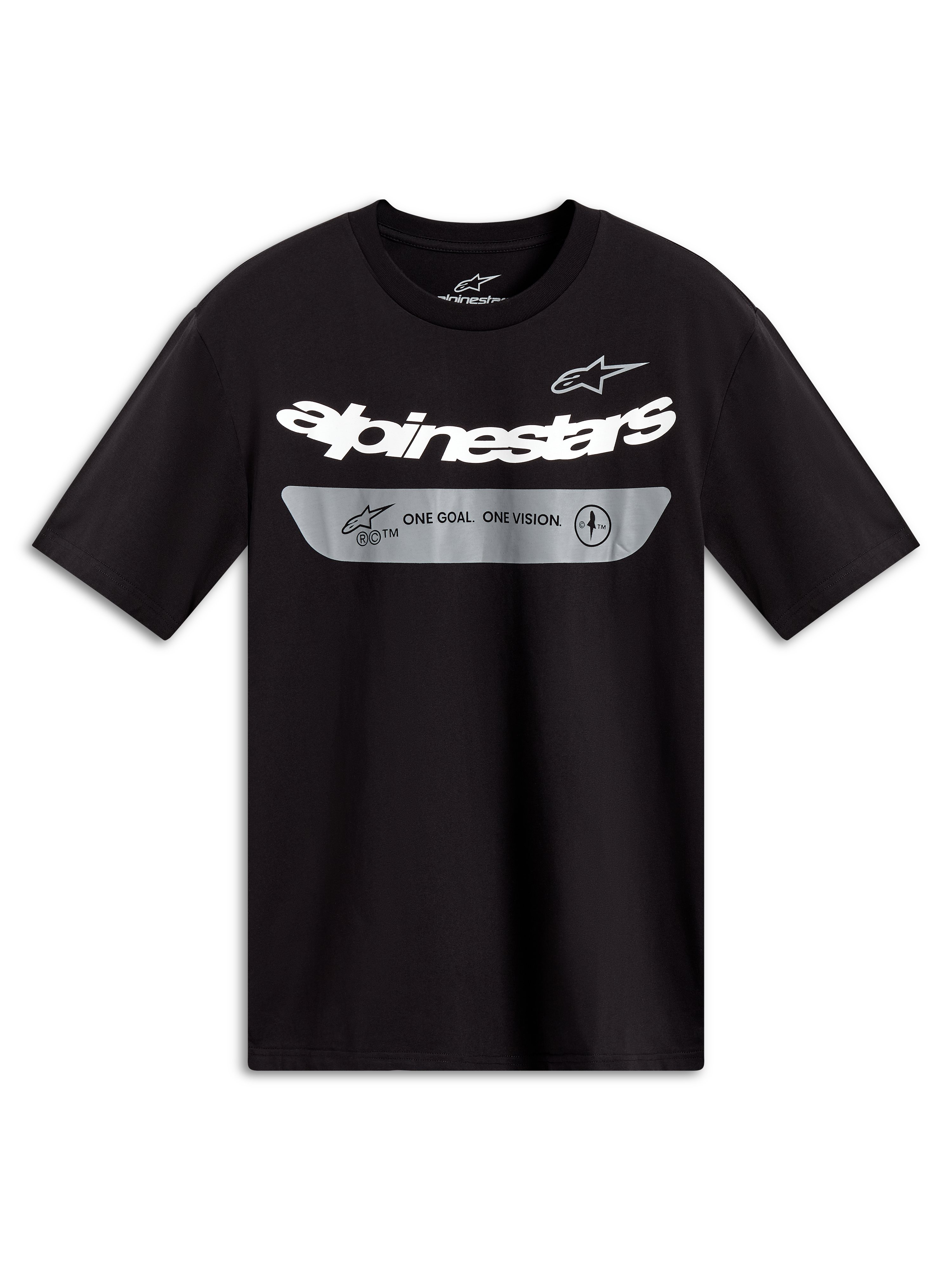 Alpinestars Singular CSF Black Short Sleeve Tee featuring a white curved word graphic and grey motorsport chest panel.