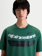 Alpinestars Singular CSF Tee, Men's Green Short Sleeve Sportswear T-Shirt featuring a curved white Alpinestars wordmark graphic and black band with the One Goal One Vision motto, premium cotton-poly blend for everyday comfort.