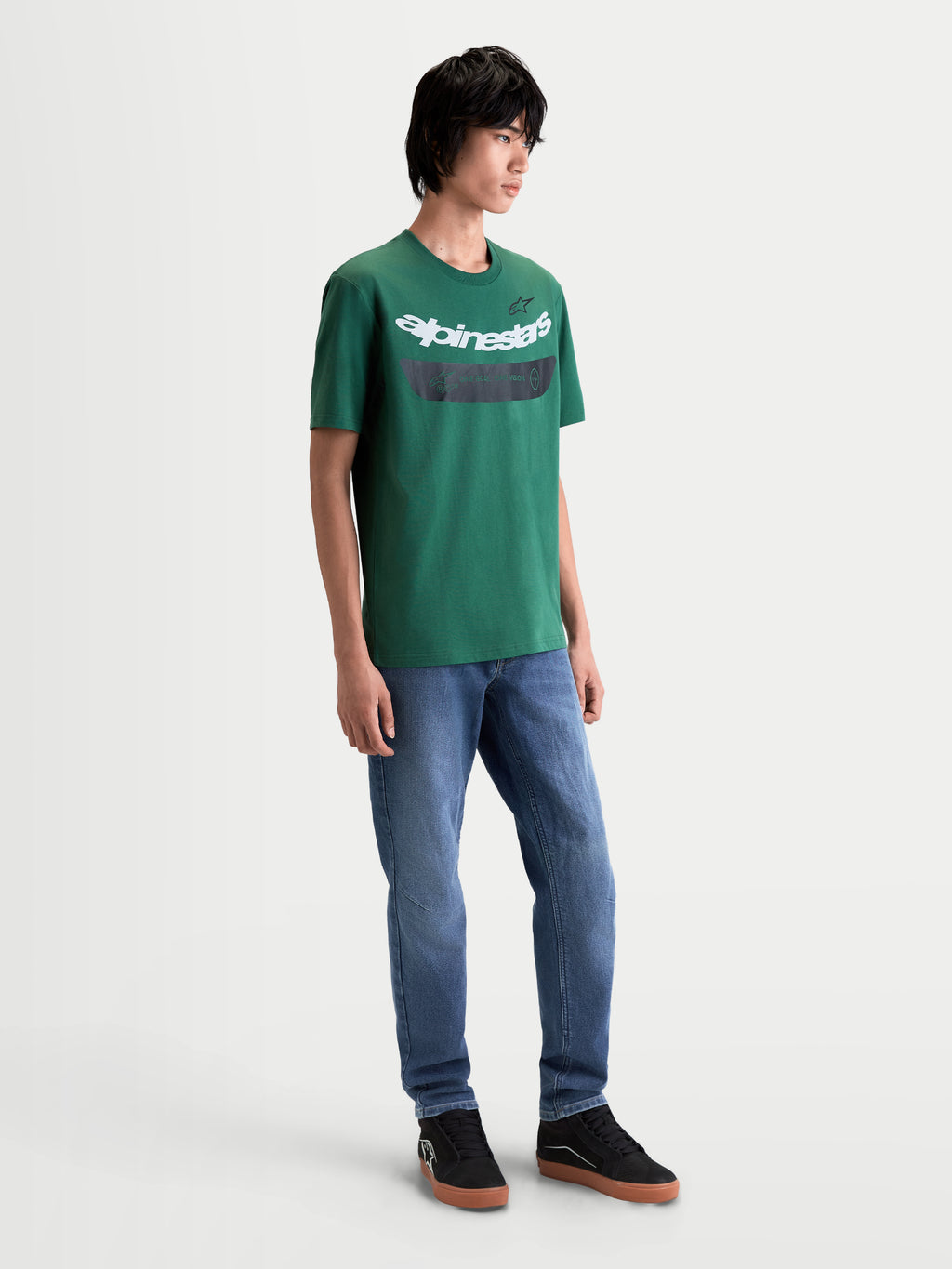 Alpinestars Singular CSF Tee, Men's and Women's Short Sleeve Sportswear, Green with White Curved Wordmark Graphic, Soft Hand Print, Cotton/Poly Blend, Casual Lifestyle Apparel.