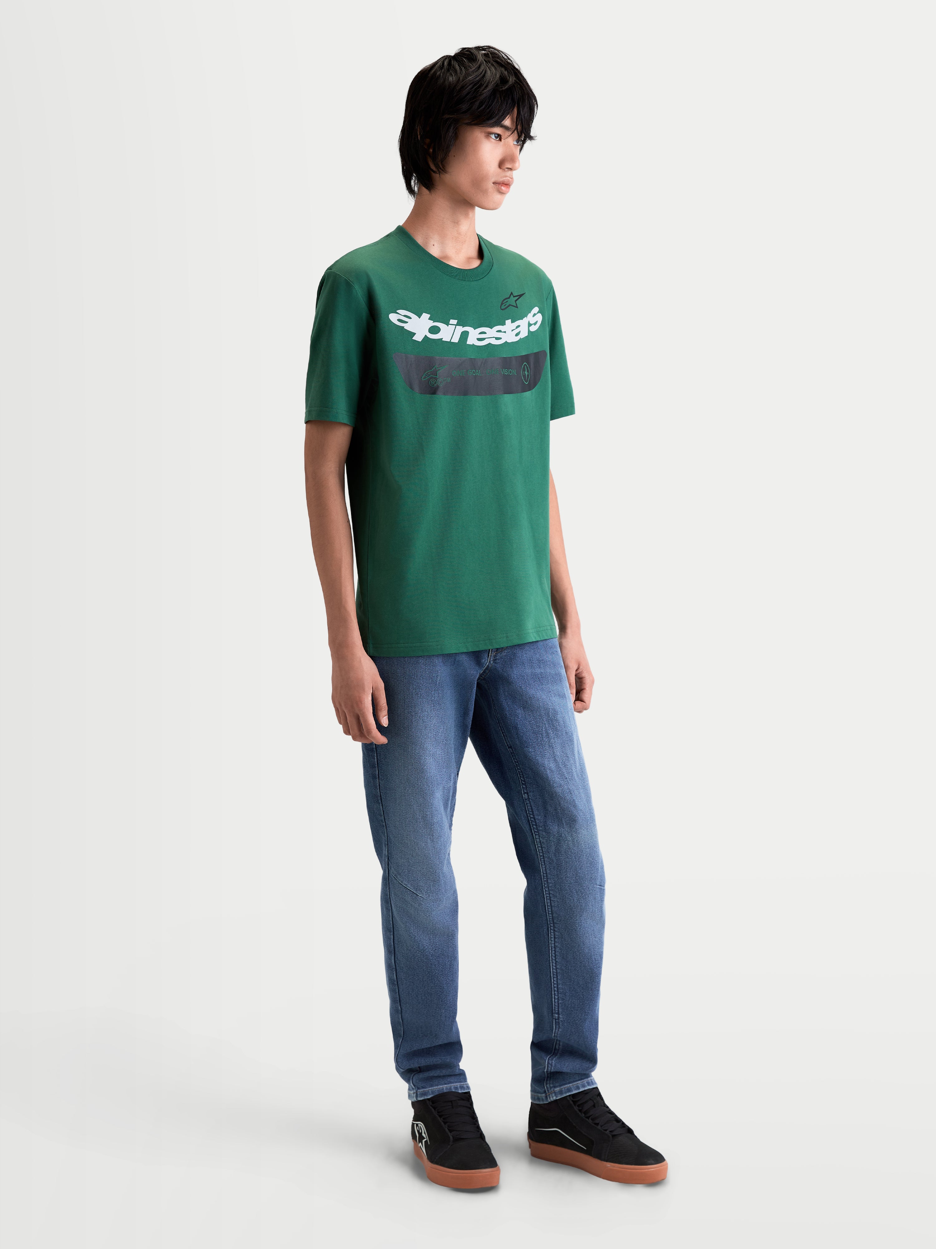 Alpinestars Singular CSF Tee, Men's and Women's Short Sleeve Sportswear, Green with White Curved Wordmark Graphic, Soft Hand Print, Cotton/Poly Blend, Casual Lifestyle Apparel.