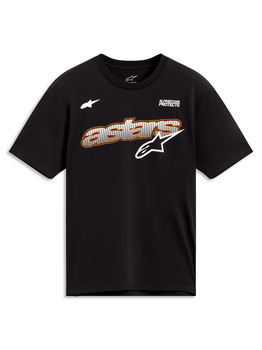 Alpinestars Cypress CSF Tee, Black short sleeve sportswear shirt with a white mesh-fill Astars graphic and branding.