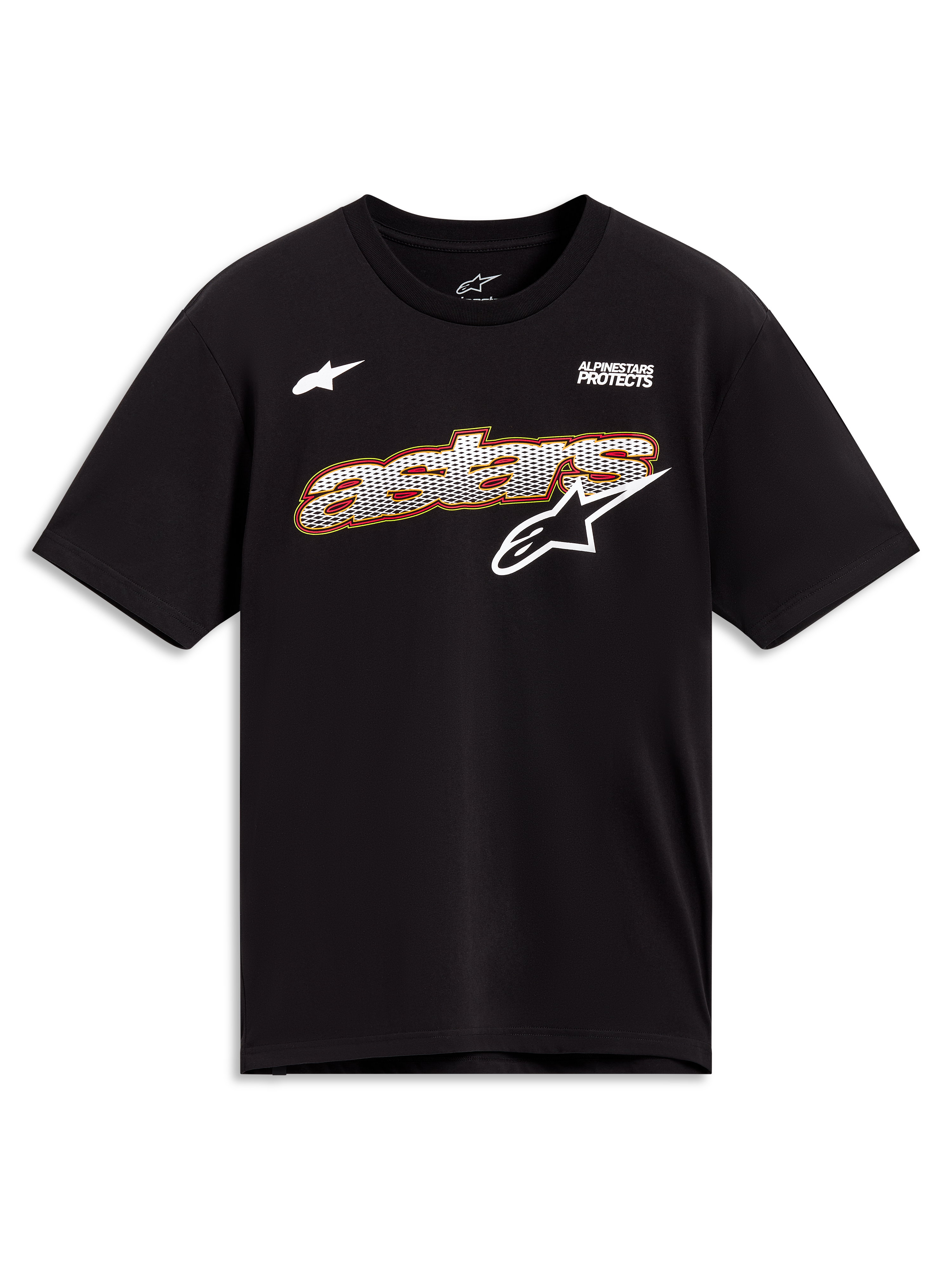 Alpinestars Cypress CSF Tee, Black short sleeve sportswear shirt with a white mesh-fill Astars graphic and branding.