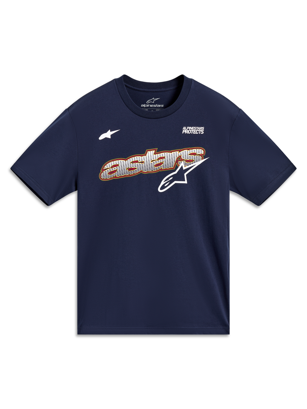 Alpinestars Cypress CSF Tee, navy blue short sleeve shirt with mesh fill Astars graphic and Alpinestars Protects motto.