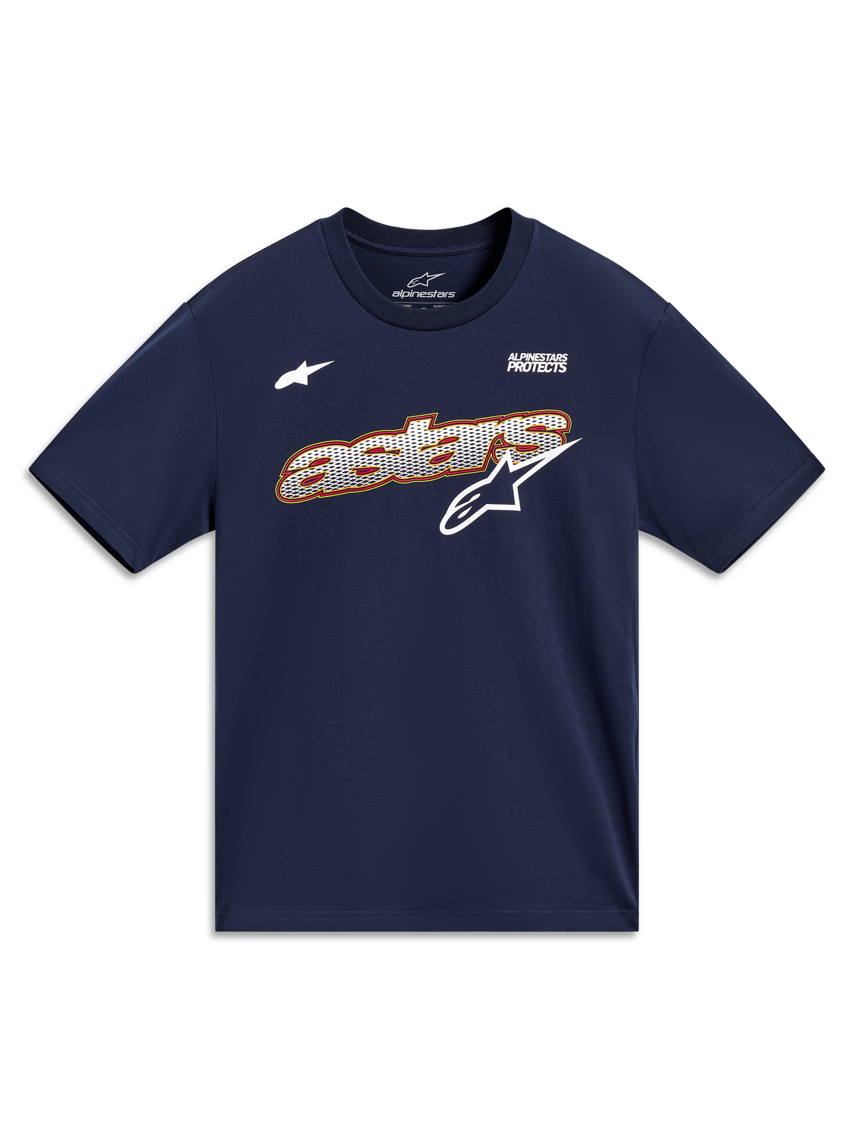 Alpinestars Cypress CSF Tee, navy blue short sleeve shirt with mesh fill Astars graphic and Alpinestars Protects motto.