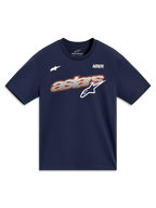 Alpinestars Cypress CSF Tee, navy blue short sleeve shirt with mesh fill Astars graphic and Alpinestars Protects motto.