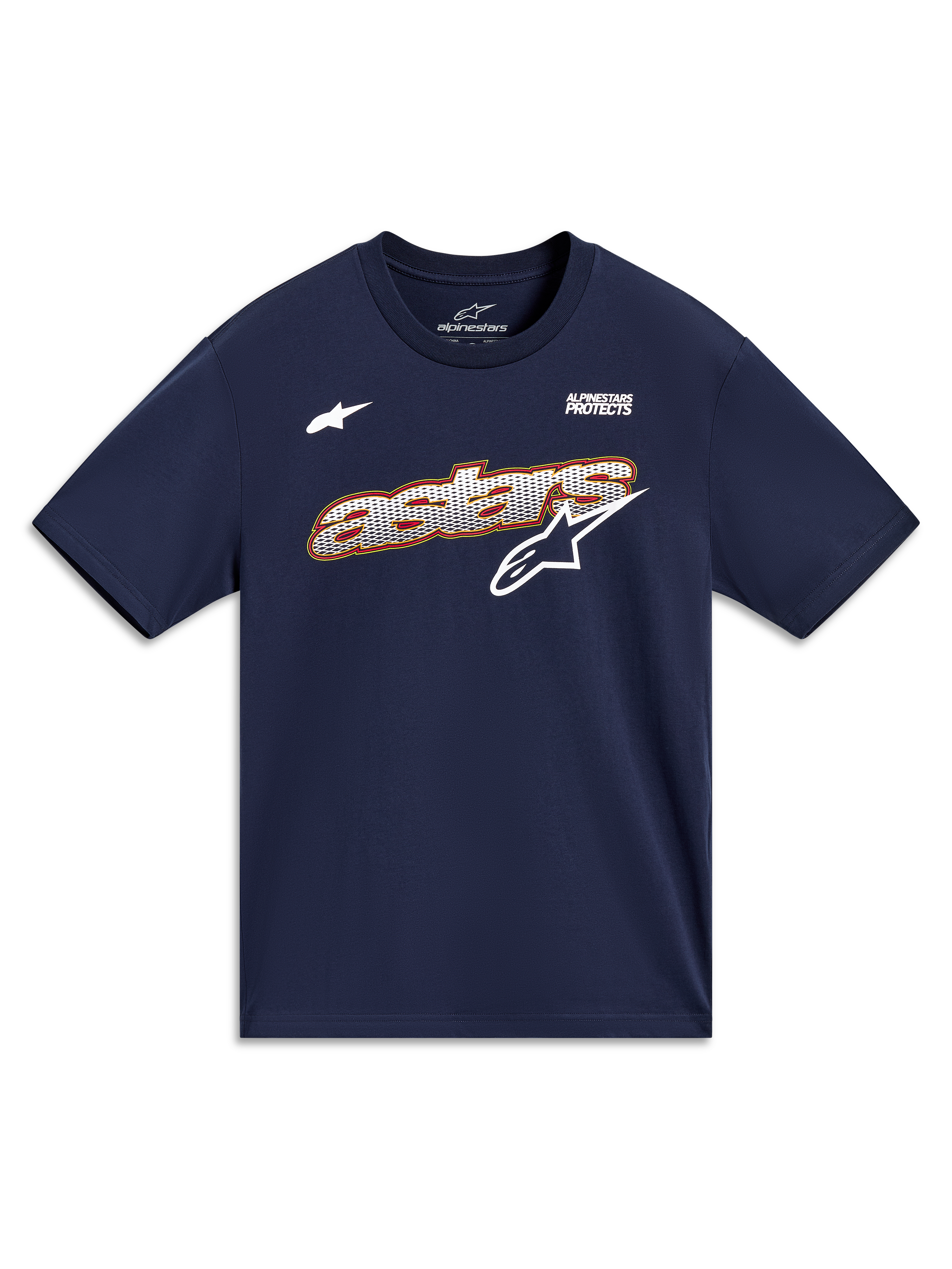 Alpinestars Cypress CSF Tee, navy blue short sleeve shirt with mesh fill Astars graphic and Alpinestars Protects motto.