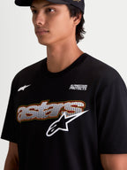 Alpinestars Cypress CSF Tee, Short Sleeve Sportswear T-Shirt, Black, close-up on model showing the front Astars word mesh-fill graphic and Alpinestars Protects text logo, comfortable cotton-poly blend fabric.