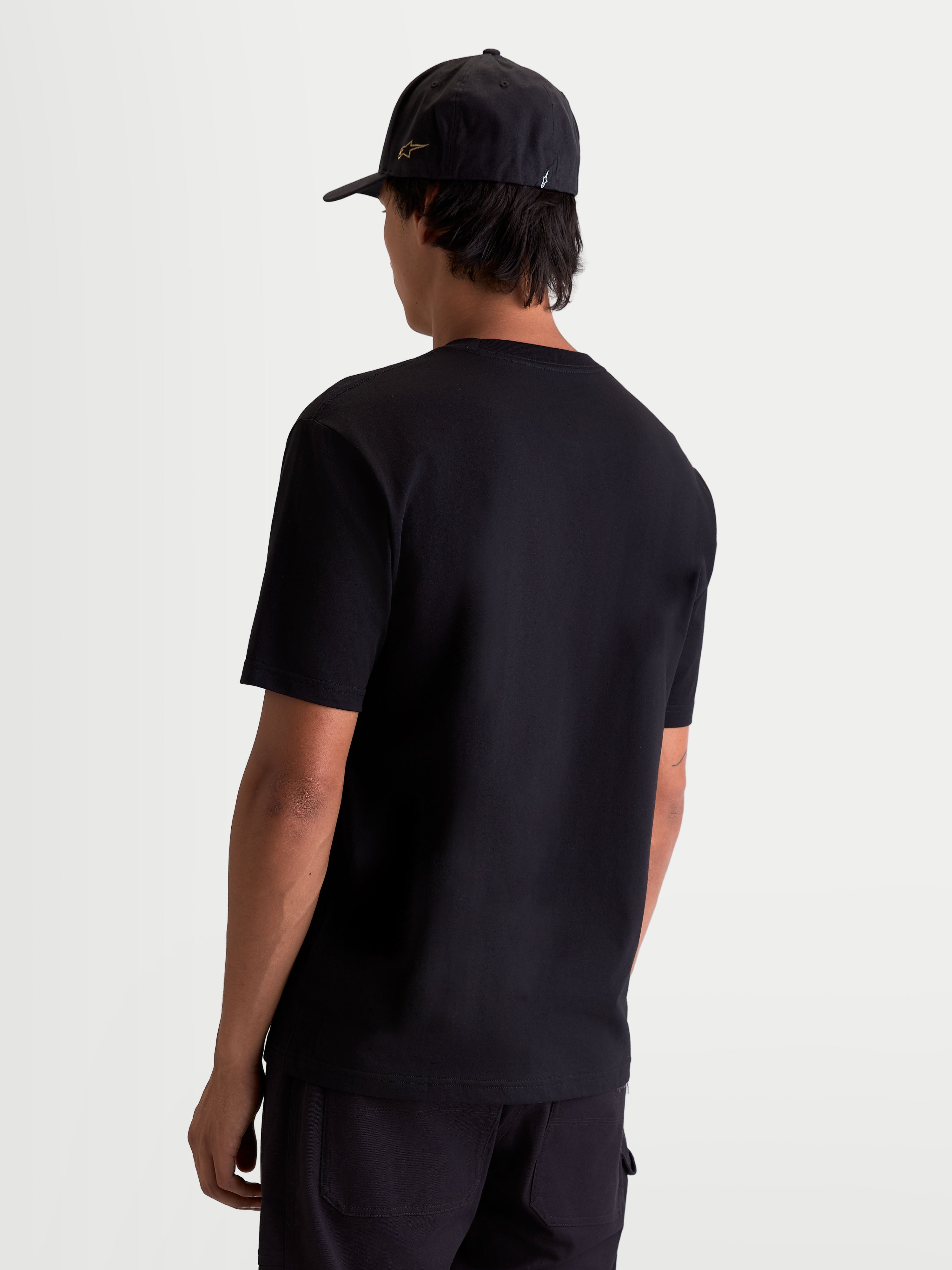 Alpinestars Cypress CSF Tee, Men's Short Sleeve Sportswear T-Shirt, Black, Rear View on Model, Premium Cotton-Poly Blend for Everyday Comfort.