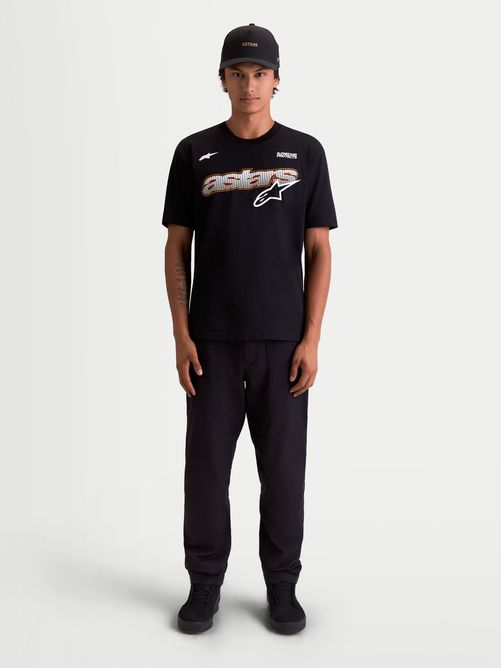 Alpinestars Cypress CSF Tee, Men's Short Sleeve Sportswear T-Shirt, Black, featuring a front astars mesh-fill word graphic and white Astars logo on the chest, premium cotton-poly blend for everyday comfort.