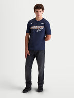 Alpinestars Cypress CSF Tee, Men's Short Sleeve Sportswear T-shirt, Navy Blue, featuring a front mesh-fill Astars word graphic on a premium cotton-poly blend fabric, on-model view.