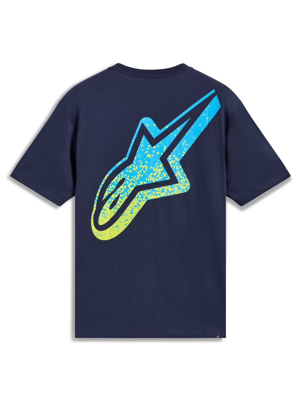 Alpinestars Meteor CSF Tee, Navy Blue short sleeve sportswear t-shirt with a large yellow and blue gradient Astars logo.