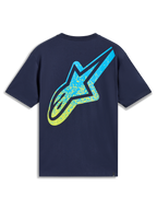 Alpinestars Meteor CSF Tee, Navy Blue short sleeve sportswear t-shirt with a large yellow and blue gradient Astars logo.
