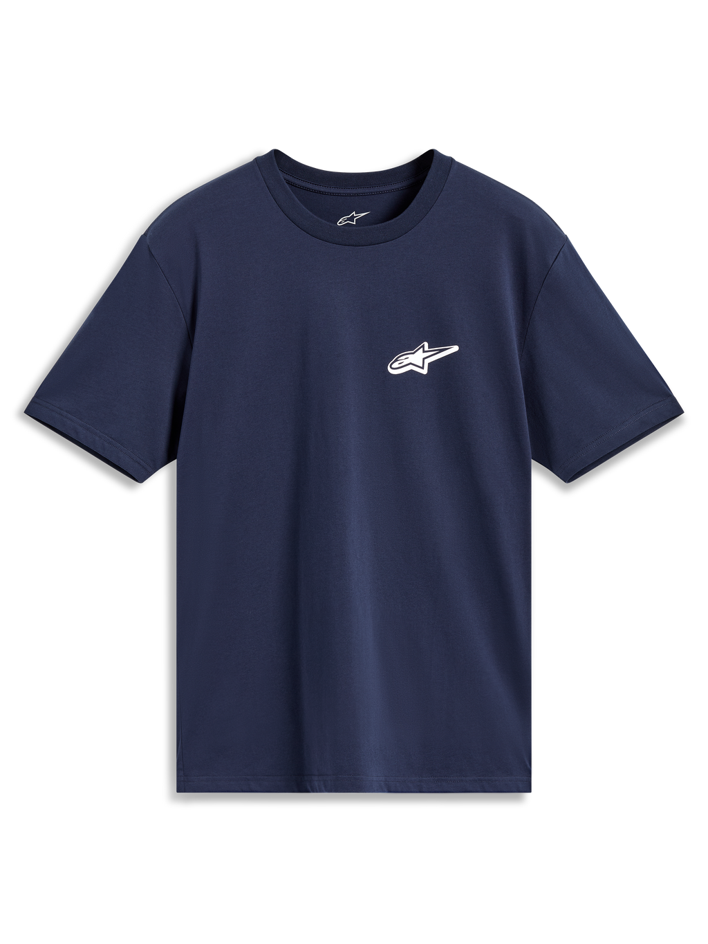 Alpinestars Meteor CSF Short Sleeve Tee in Navy Blue, casual sportswear featuring a small white Astars logo on the chest.