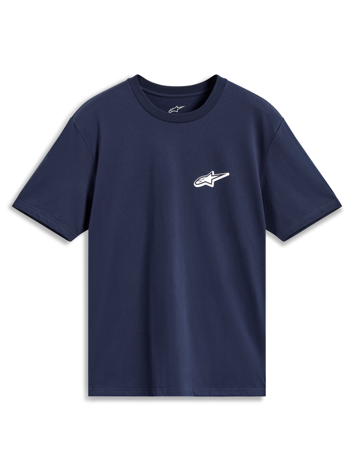 Alpinestars Meteor CSF Short Sleeve Tee in Navy Blue, casual sportswear featuring a small white Astars logo on the chest.